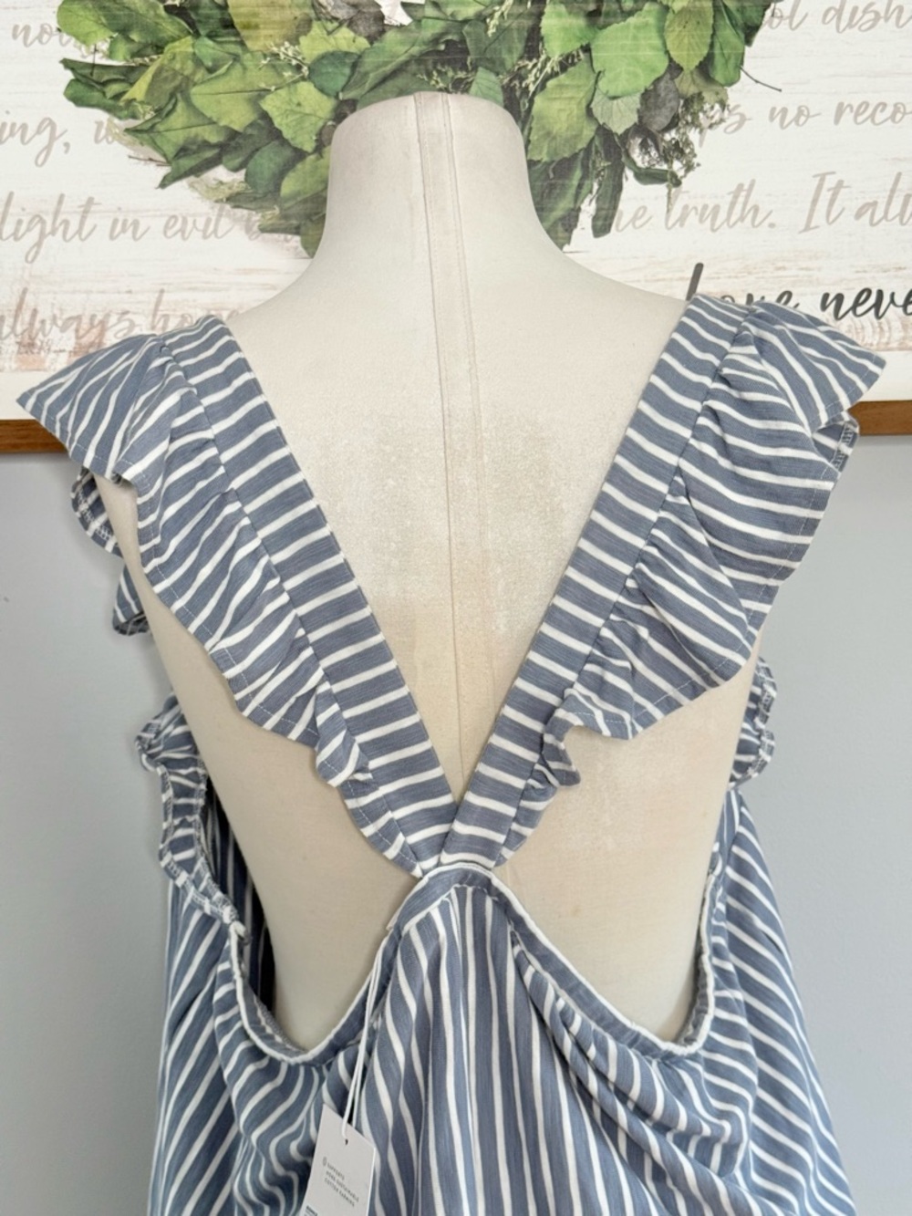 2x , 3x. LC Lauren Conrad Blue and White Striped Ruffle Sleeve Tank - Picture 8 of 10